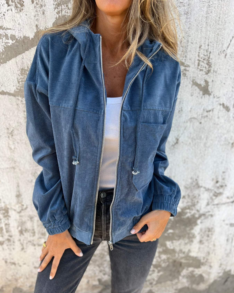 Danna - Corduroy Hooded Jacket with Zip Closure