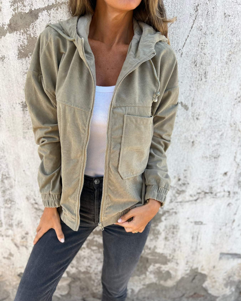 Danna - Corduroy Hooded Jacket with Zip Closure