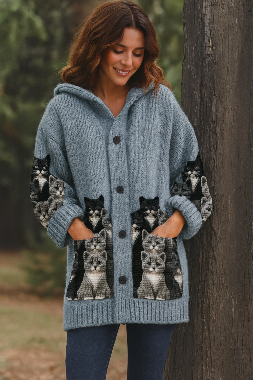 Jasmin - Cozy Knit Cat Print Cardigan