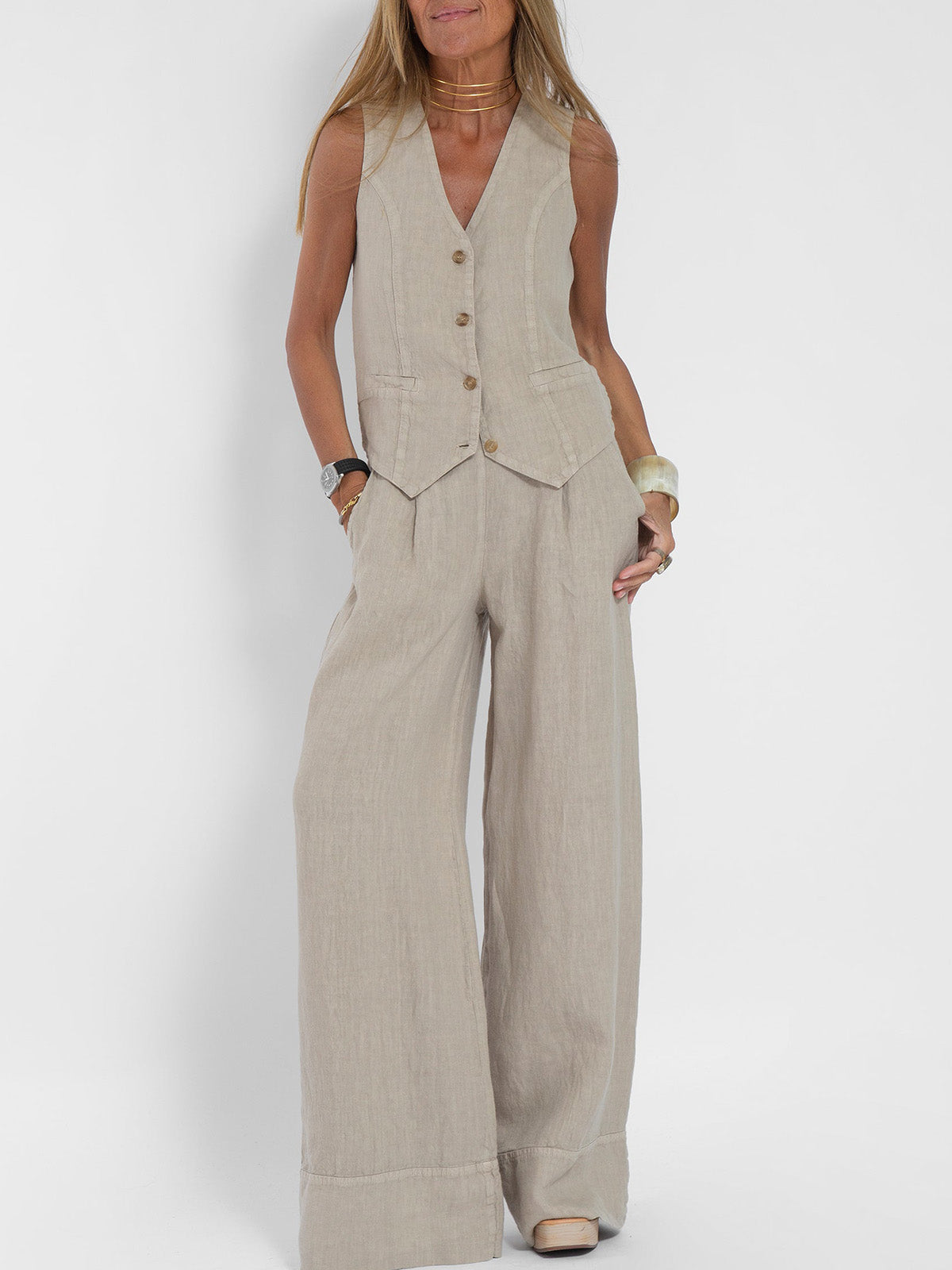 Elevate Your Style with the Aira™ Buttoned Vest and Wide-Leg Trousers Ensemble