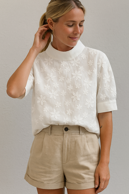 Elodie – Embroidered Blouse with Stand-Up Collar