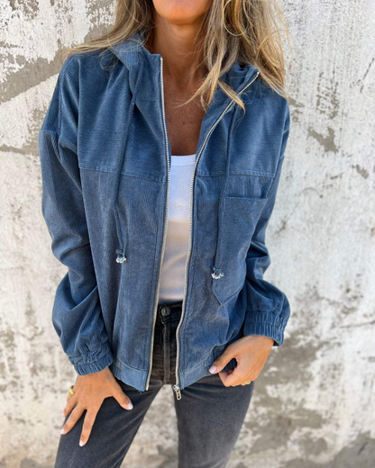 Danna - Corduroy Hooded Jacket with Zip Closure