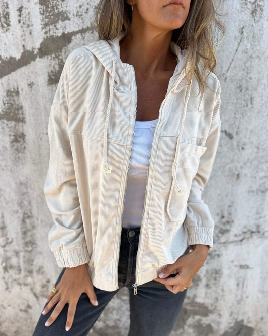 Danna - Corduroy Hooded Jacket with Zip Closure