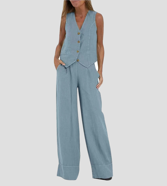 Elevate Your Style with the Aira™ Buttoned Vest and Wide-Leg Trousers Ensemble